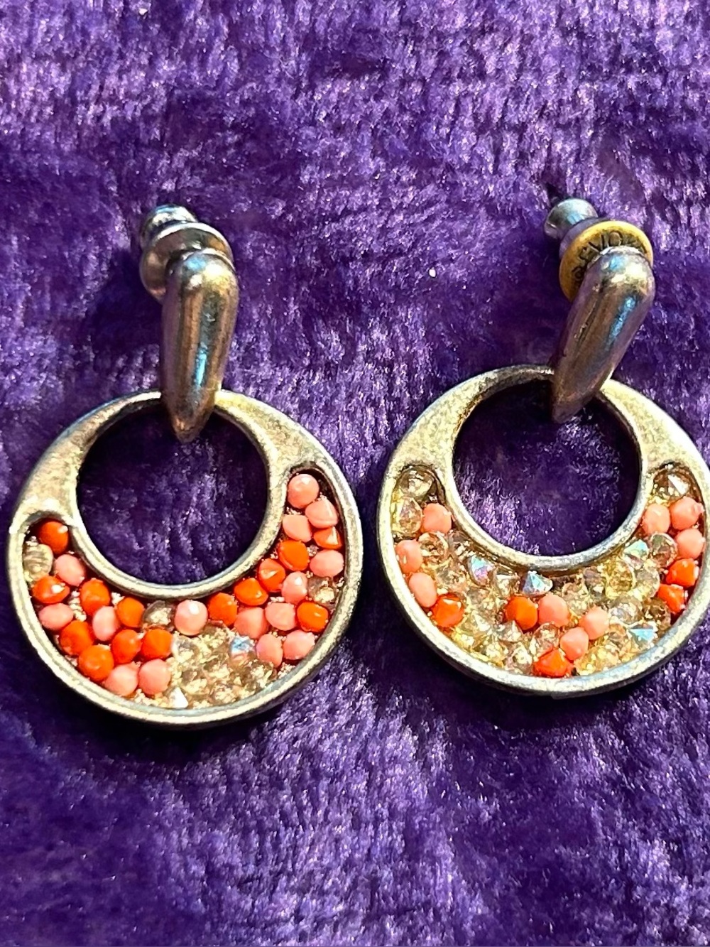 KC Brand Silver Hoop Drop Earrings with Coral and Crystal Accents